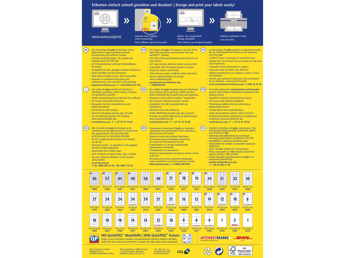 AVERY ZWECKFORM Etiquettes 70x35mm 3422 blanc 2400 pcs./100 flls. (4004182034224)