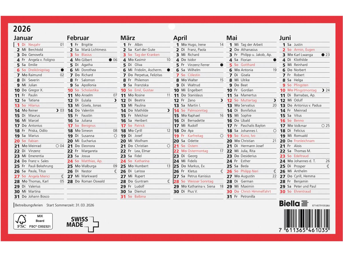 BIELLA Calendrier mural 2026 871507900026U 6M/1P r./blanc DE 23.5x15.5cm (7611365527441)