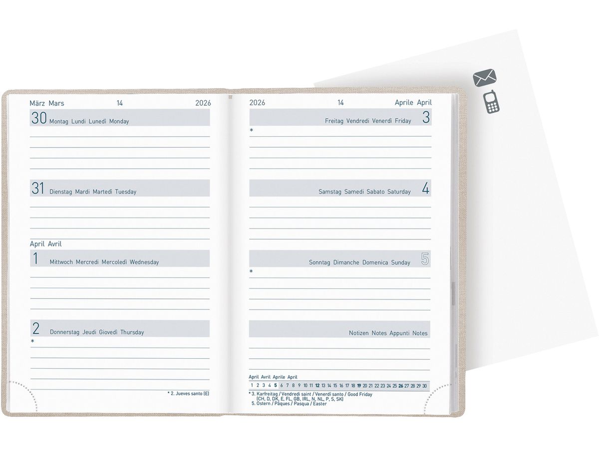 BIELLA Agenda Mittelformat 2026 822301100026U 1S/2P beige ML 7.6x11cm (7611365524969)