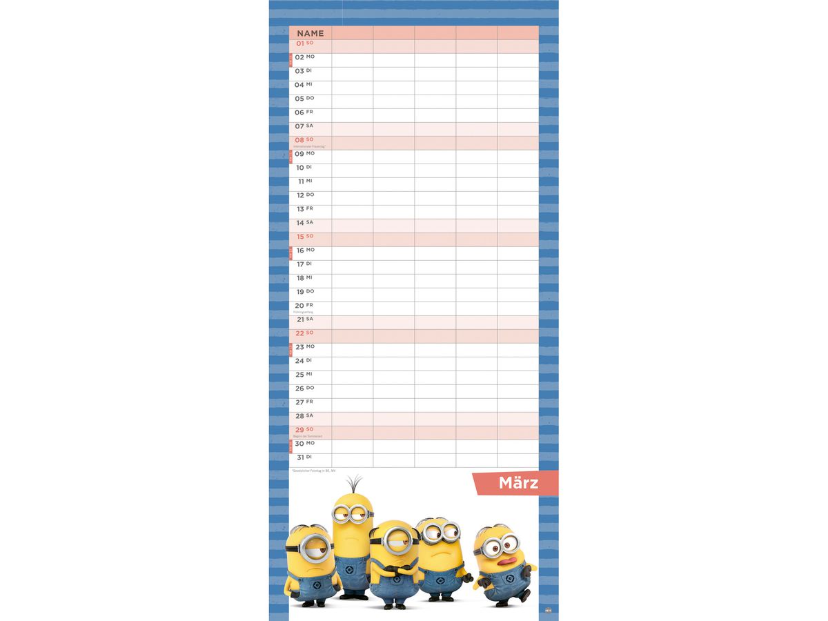 HEYE Familienplaner Minions 2026 22755+26 1M/1S DE 5 Spalten 21x45cm (9783756411269)
