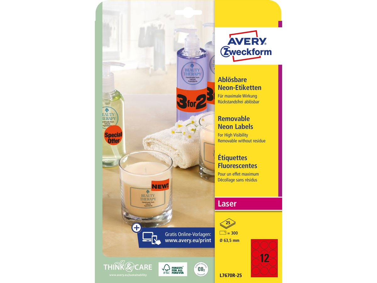 AVERY ZWECKFORM Etiketten 63,5mm L7670R-25 rot 300 Stück (4004182608401)