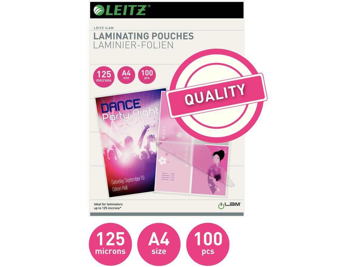 LEITZ Laminiertasche A4 33808 glanz, 125my 100 Stk (5411313338080)