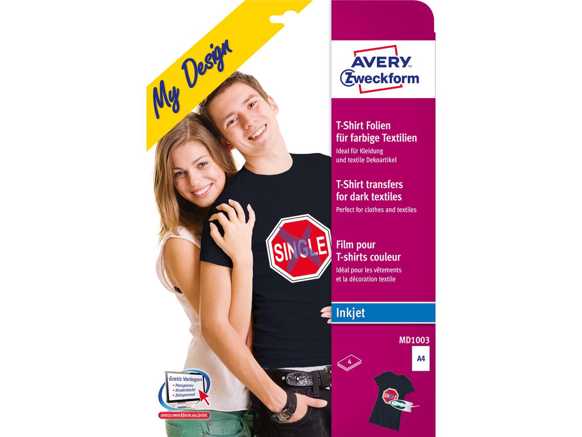AVERY ZWECKFORM Film textile Iron-on A4 MD1003 Inkjet habits couleurs 4 pcs. (4004182045435)