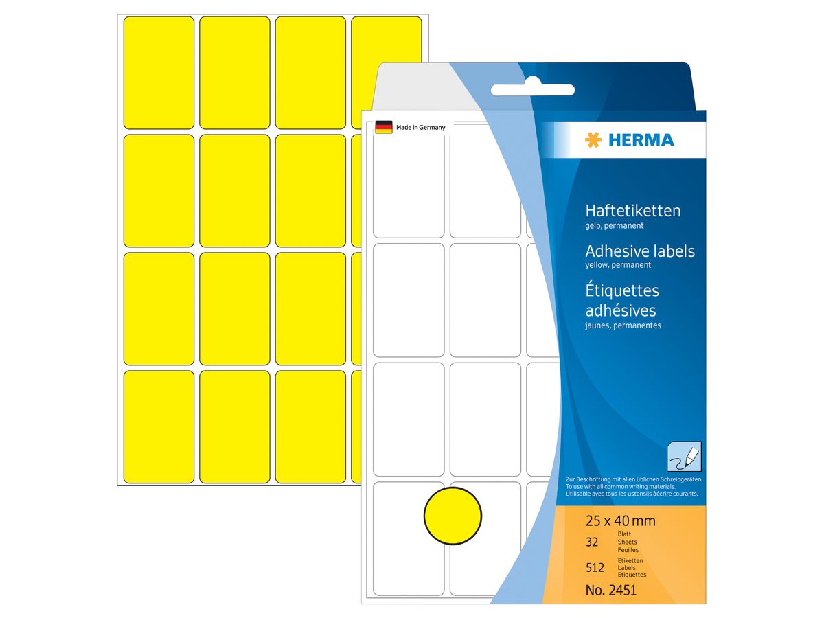 HERMA Etiquettes 25×40mm 2451 jaune 512 pcs. (4008705024518)