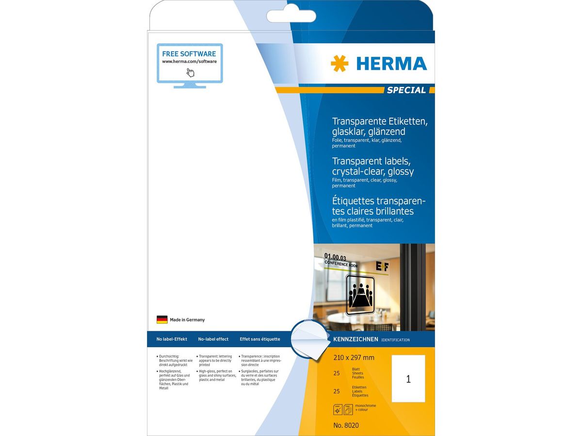 HERMA Etiketten 210x297mm 8020 transparent, 25 Blatt (4008705080200)