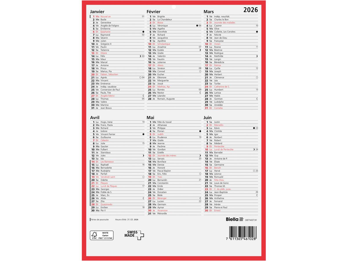 BIELLA Calendario 2026 871407910026U 6M/1P r./bianco FR 21x29.7cm (7611365527427)