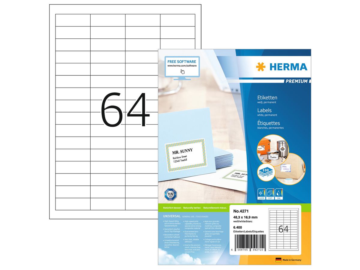 HERMA Universal-Etikett. 48,3x16,9mm 4271 weiss 6400 St./100 Blatt (4008705042710)