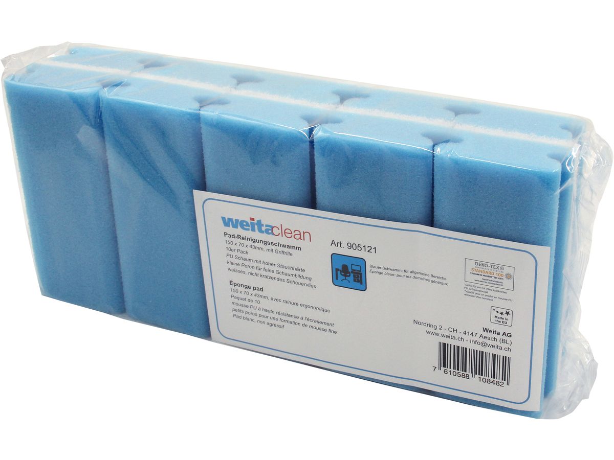 WEITACLEAN Éponge pad 150x70x43mm 5028024 bleu, sans rayures 10 pièces (7610588108482)