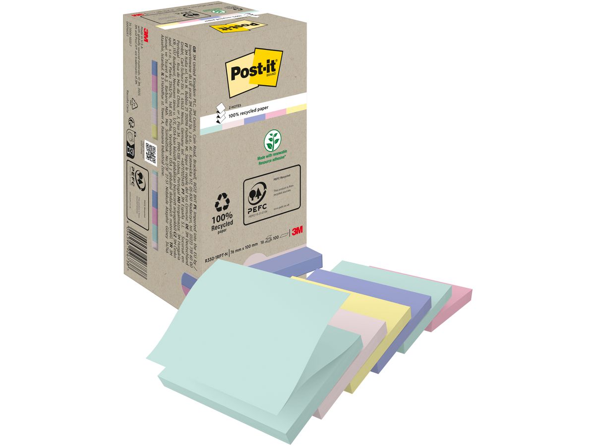 POST-IT Green Z-Notes 76x76mm R330-1RPT Recycling, 100 fogli 16 pezzi (4054596926738)