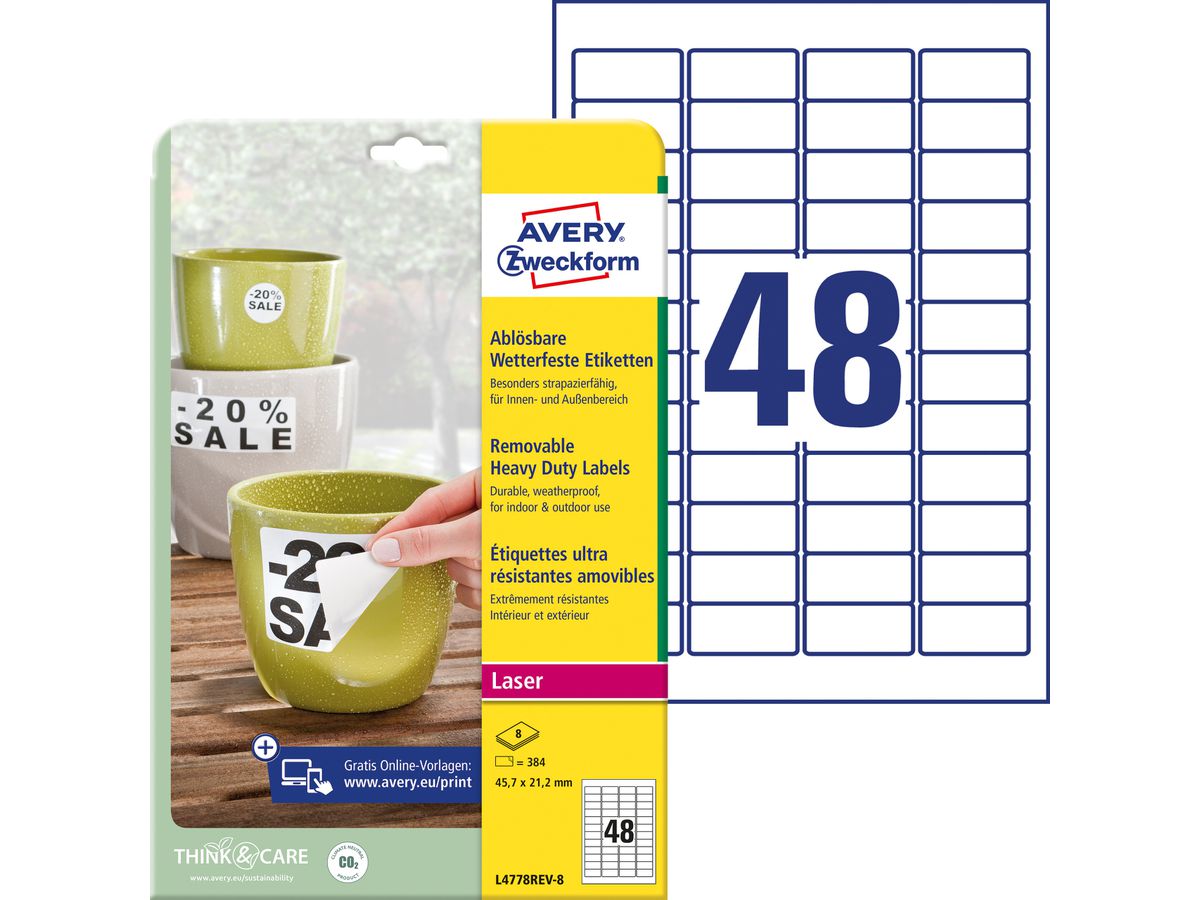 AVERY ZWECKFORM Etichette laser 45,7x21,2mm L4778REV8 white, weather pr. Remov. 8 f. (4004182076040)