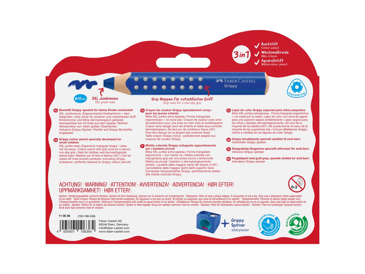 FABER-CASTELL Crayon de couleurs Grippy 110636 incl. Taille-crayon 10 pièces (4005401106364)