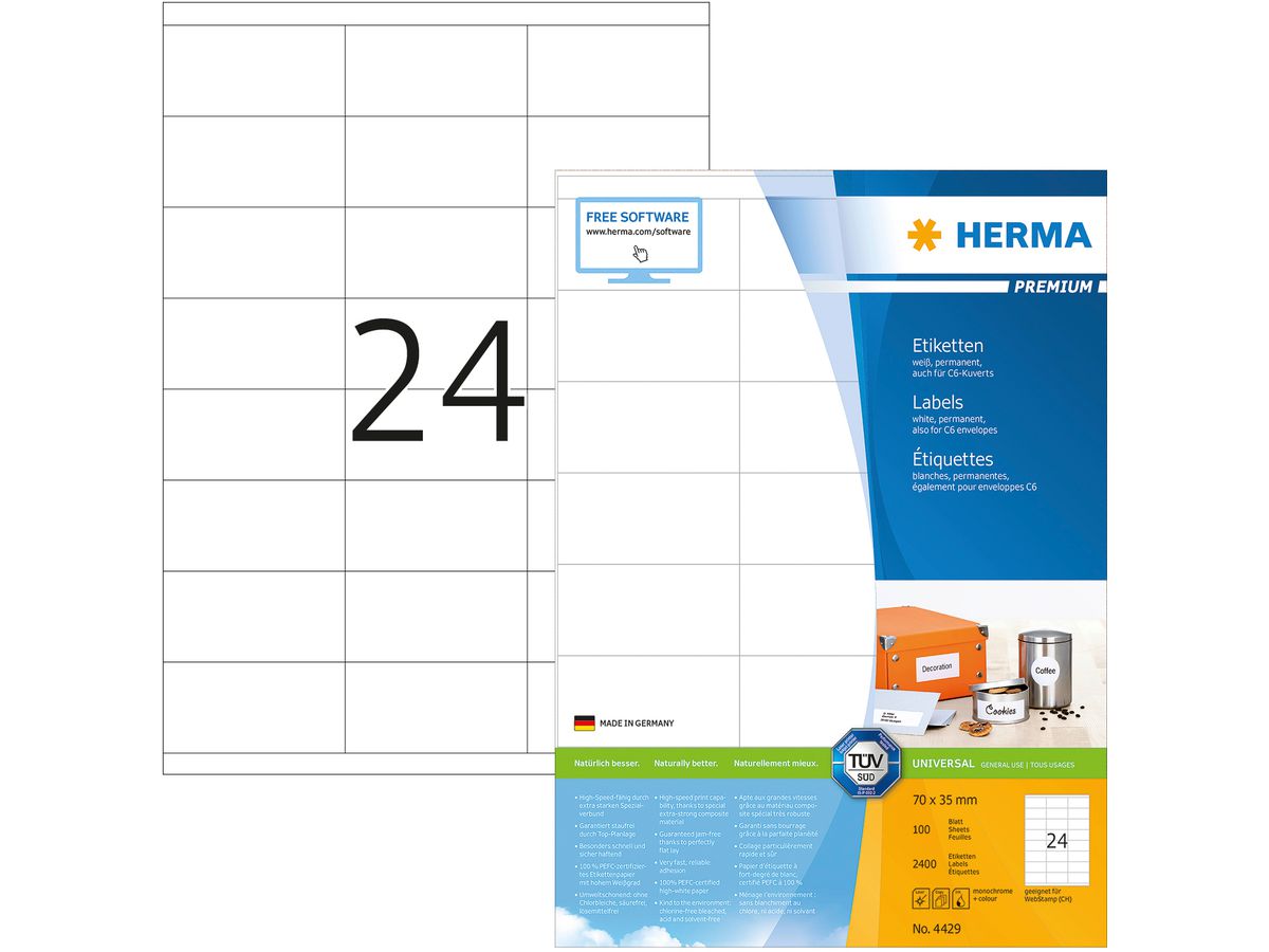 HERMA Etiquettes Premium 70×35mm 4429 blanc 2400 pcs. (4008705044295)
