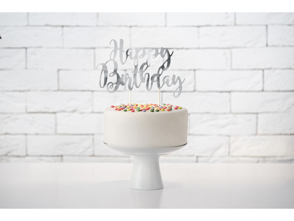 PARTYDECO Caketopper 22.5cm KPT11-018M Happy Birthday argento (5902230744943)