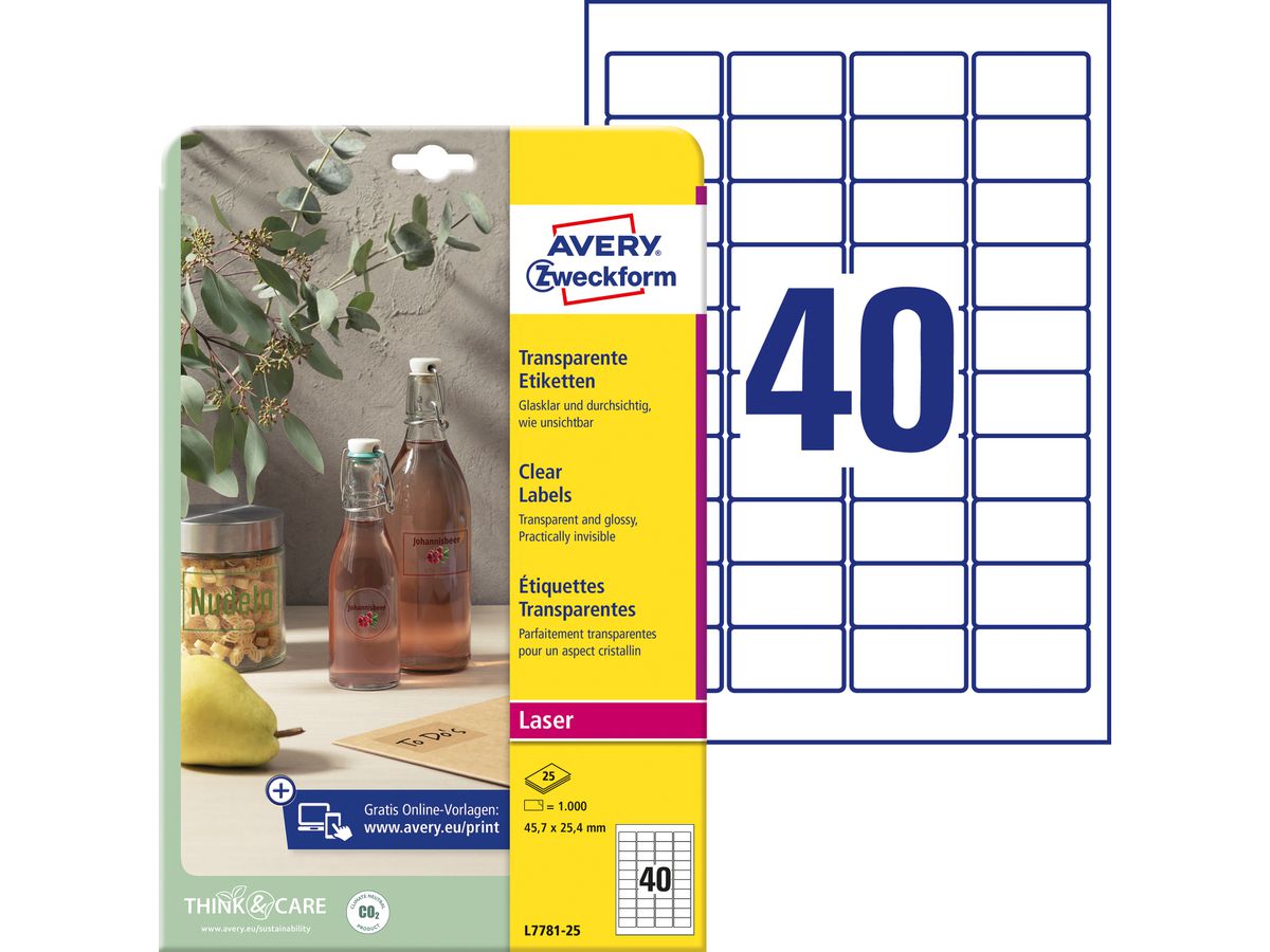 AVERY ZWECKFORM Etichette 45,7x25,4mm L7781-25 trasparente 1000 pezzi (4004182252536)