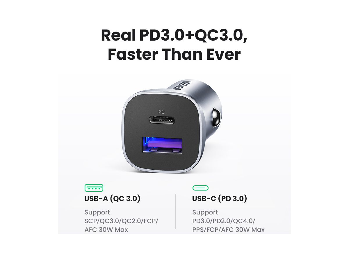 UGREEN Fast Car Charger 30W 40858 USB-C PD+USB-A QC (6957303848584)