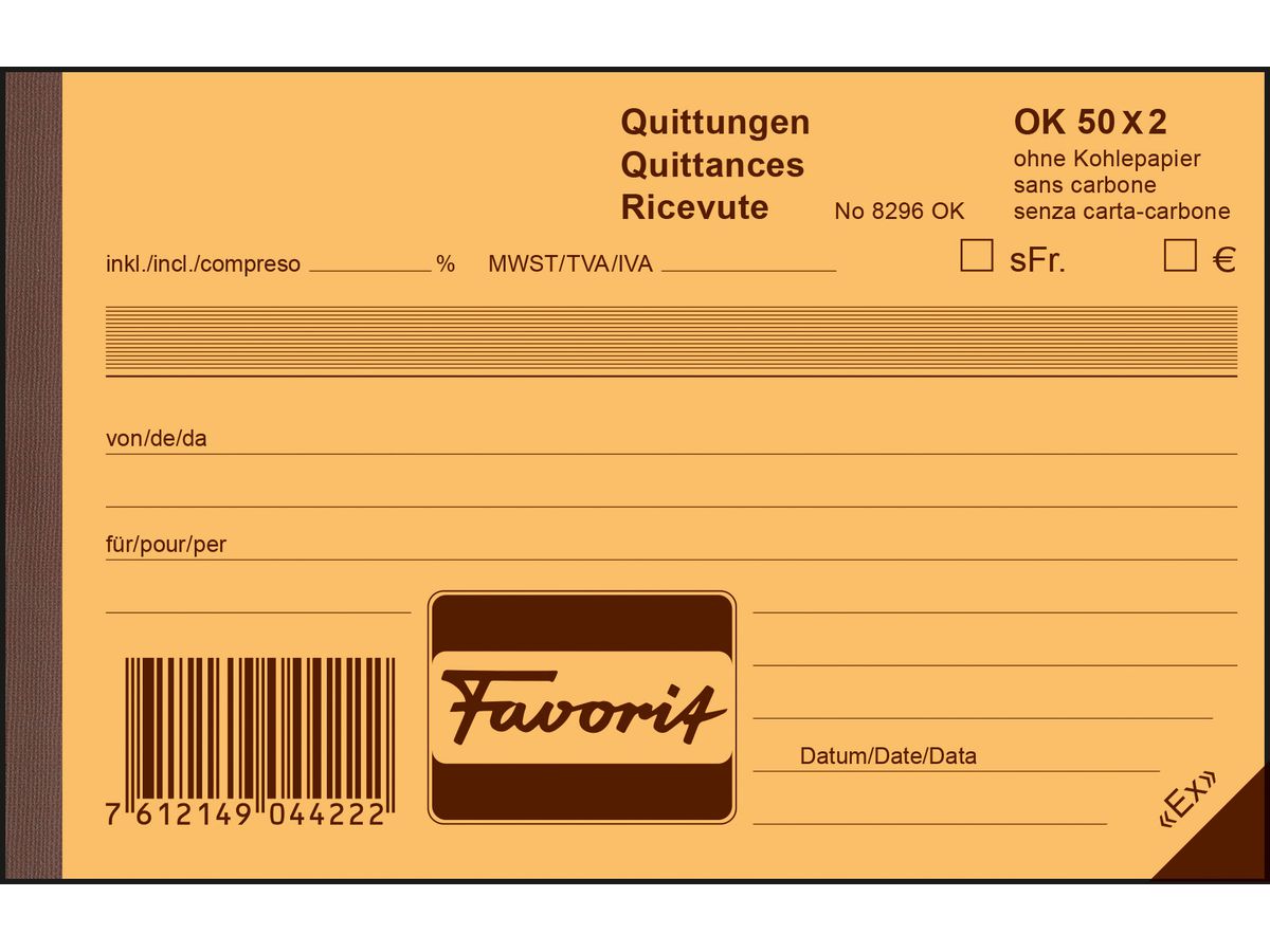 FAVORIT Quittance D/F/I A20 8296OK bleu/blanc 50x2 feuilles (7612149044222)