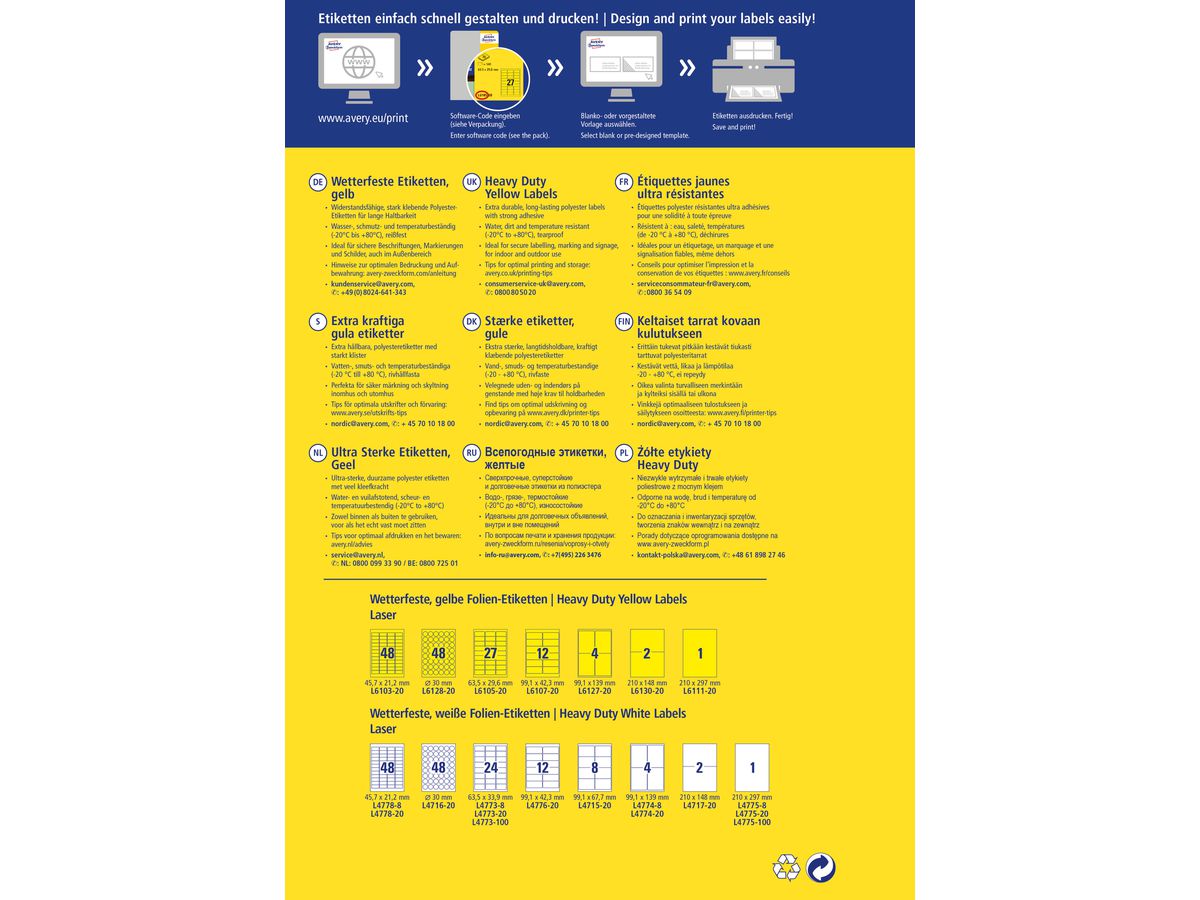 AVERY ZWECKFORM Etiquettes plaques 30mm L612820 jaune, ronde 960 pcs./20 flls. (4004182048375)