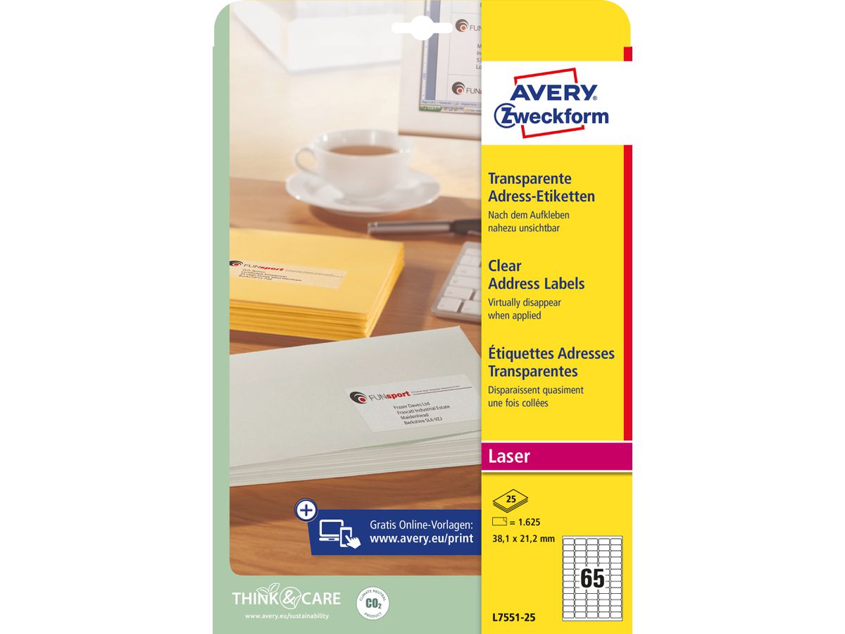 AVERY ZWECKFORM Etiquettes Laser 38x21,2mm L7551-25 transparent 1625 pcs./25 flls. (4004182967454)