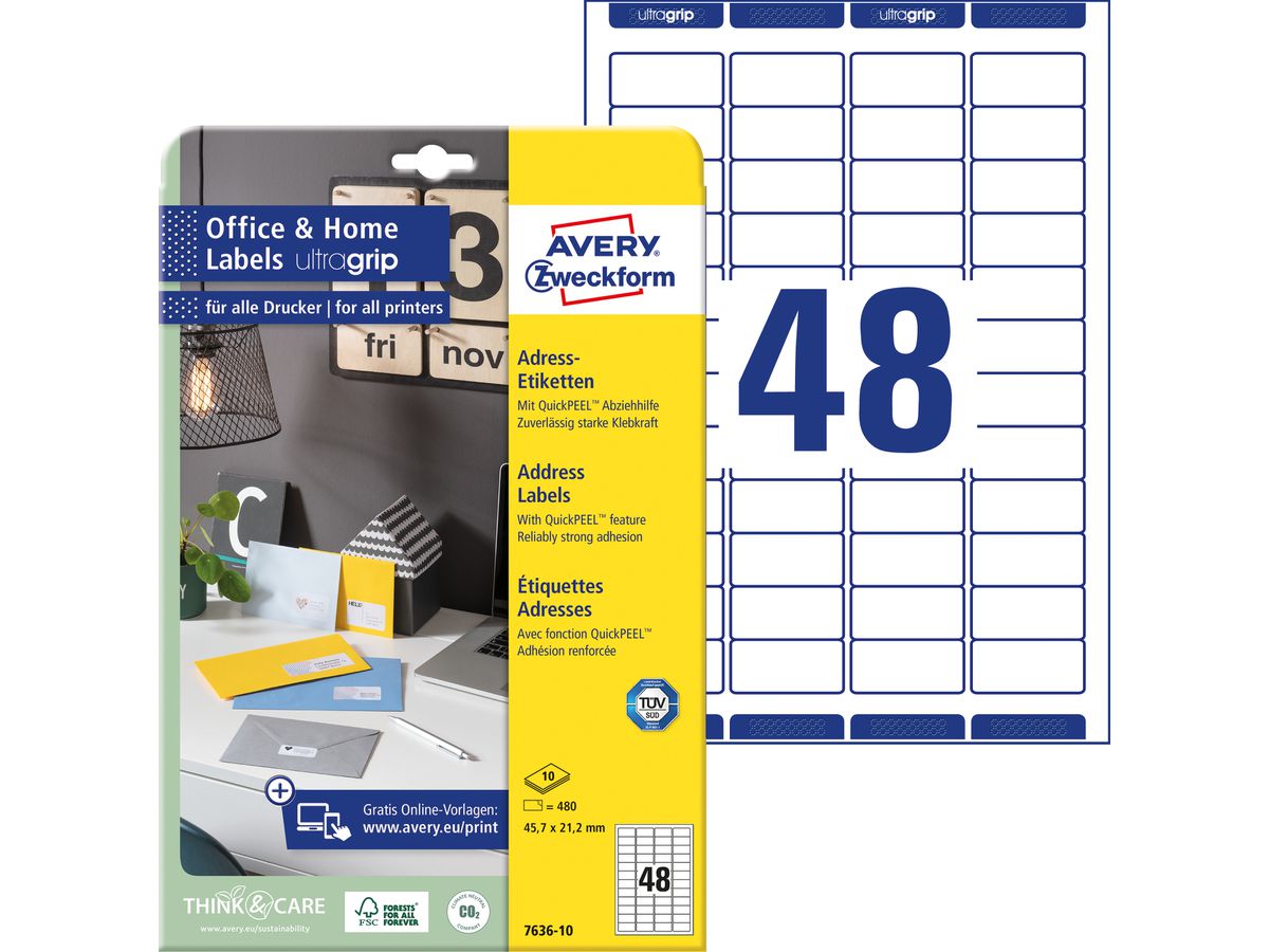 AVERY ZWECKFORM Etiketten 21.2x45.7mm 7636-10 weiss, perm. 10 Blatt/48 Stk. (4004182376362)