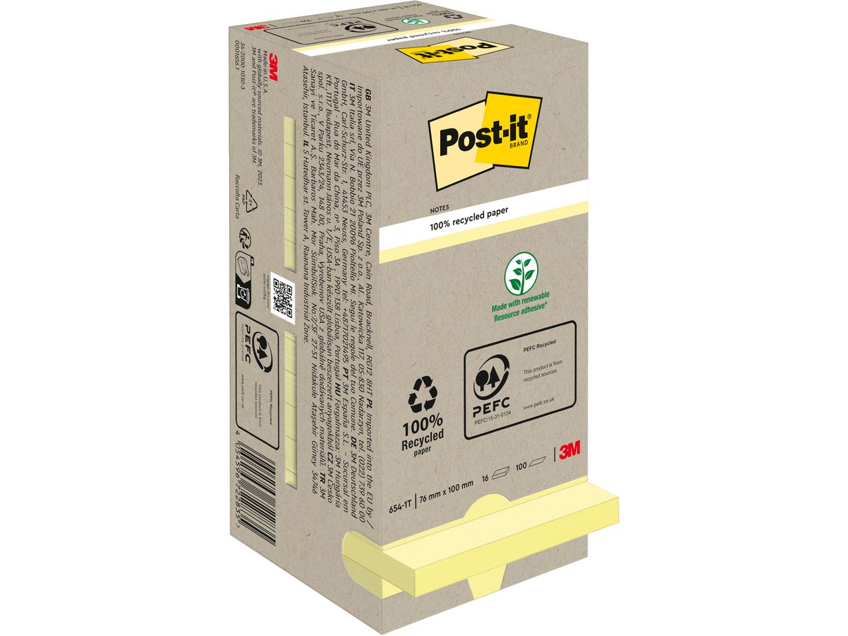 POST-IT Sticky Notes Ricicl. 76x76mm 654-1T giallo, 16x100 fogli (4054596722835)