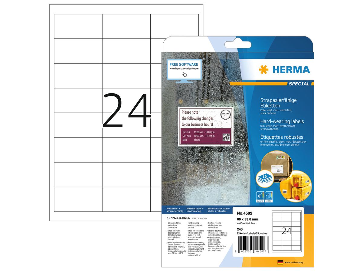 HERMA Folienetiketten 66x33,8mm 4582 weiss,PP matt 240 Stk./10 Bl. (4008705045827)