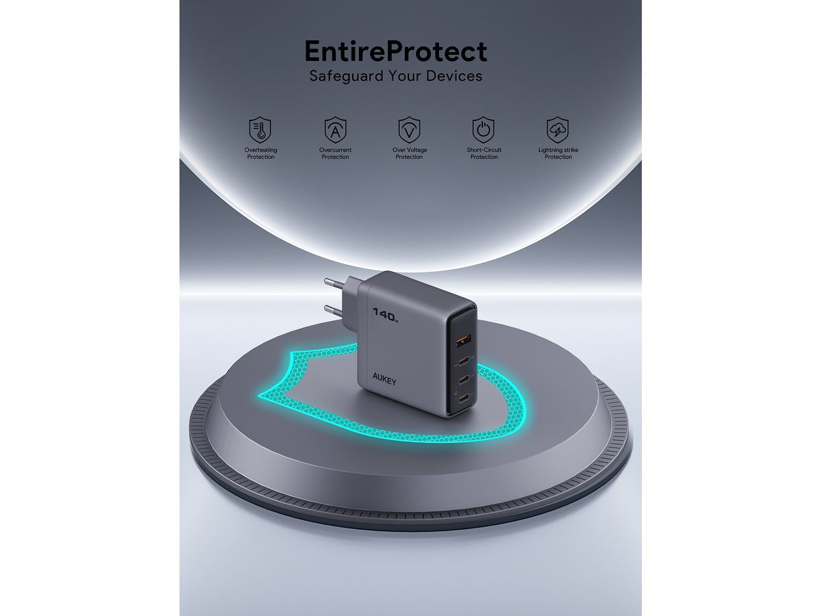 AUKEY Comet Mix 140W GaN PD PA-C6 3-Port, Wall Charger Grey (0689323788224)