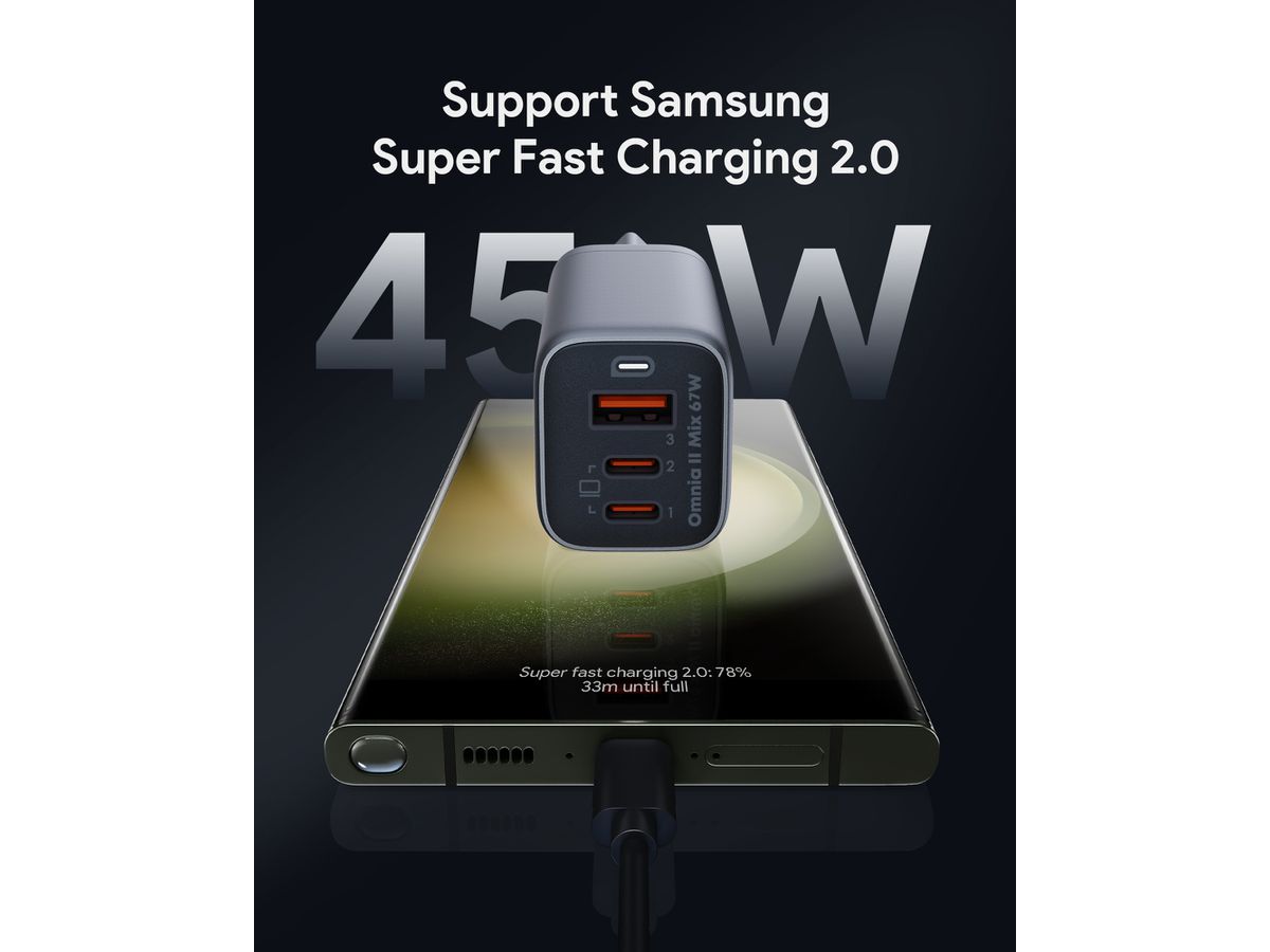 AUKEY OmniaMix II 67W GaN PD PA-B6U GY 3-Port, Wall Charger (0689323786893)