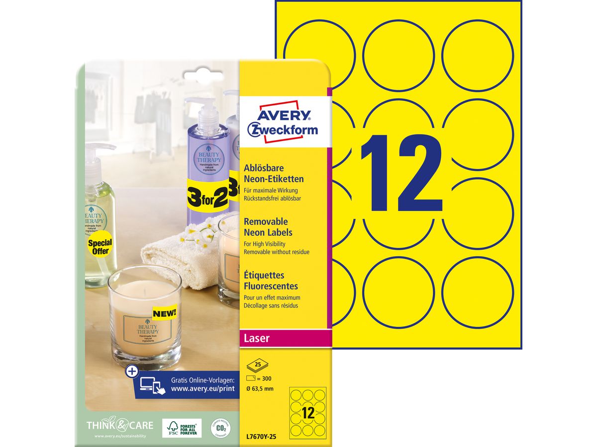 AVERY ZWECKFORM Etichette 63,5mm L7670Y-25 giallo 300 pezzi (4004182608418)