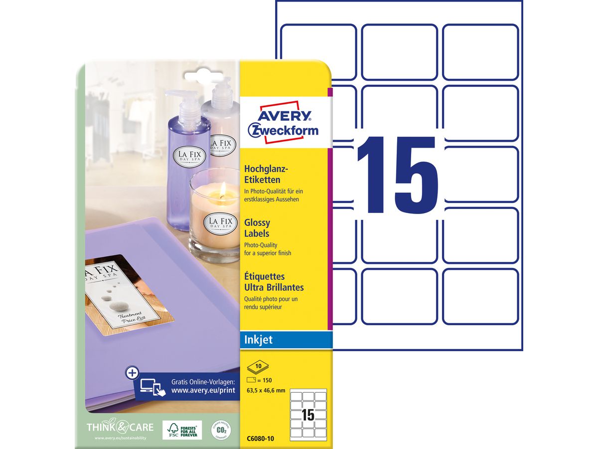 AVERY ZWECKFORM Etichette 63,5x46,6mm C6080-10 bianco, grossy 150 pezzi (4004182060803)