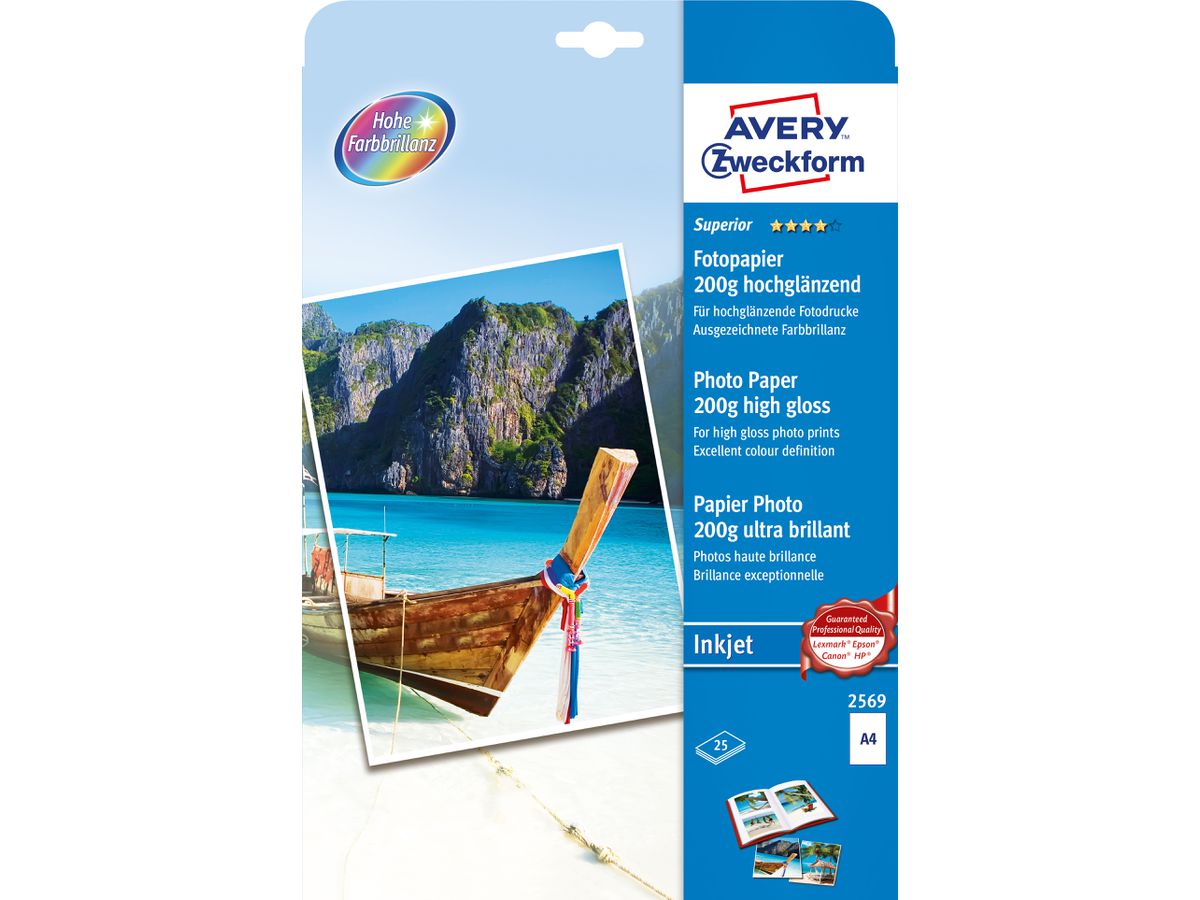 AVERY ZWECKFORM Superior Inkjet Photo Paper A4 2569 200g, brillant 25 feuilles (4004182025697)