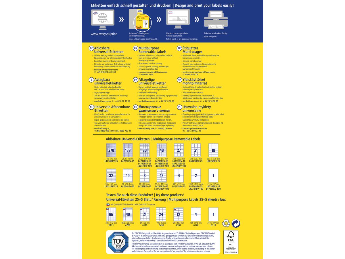 AVERY ZWECKFORM Universaletiketten 96,0x63,5mm L4745REV-25 weiss 240 Stk./25 + 5 Blatt (4004182047453)
