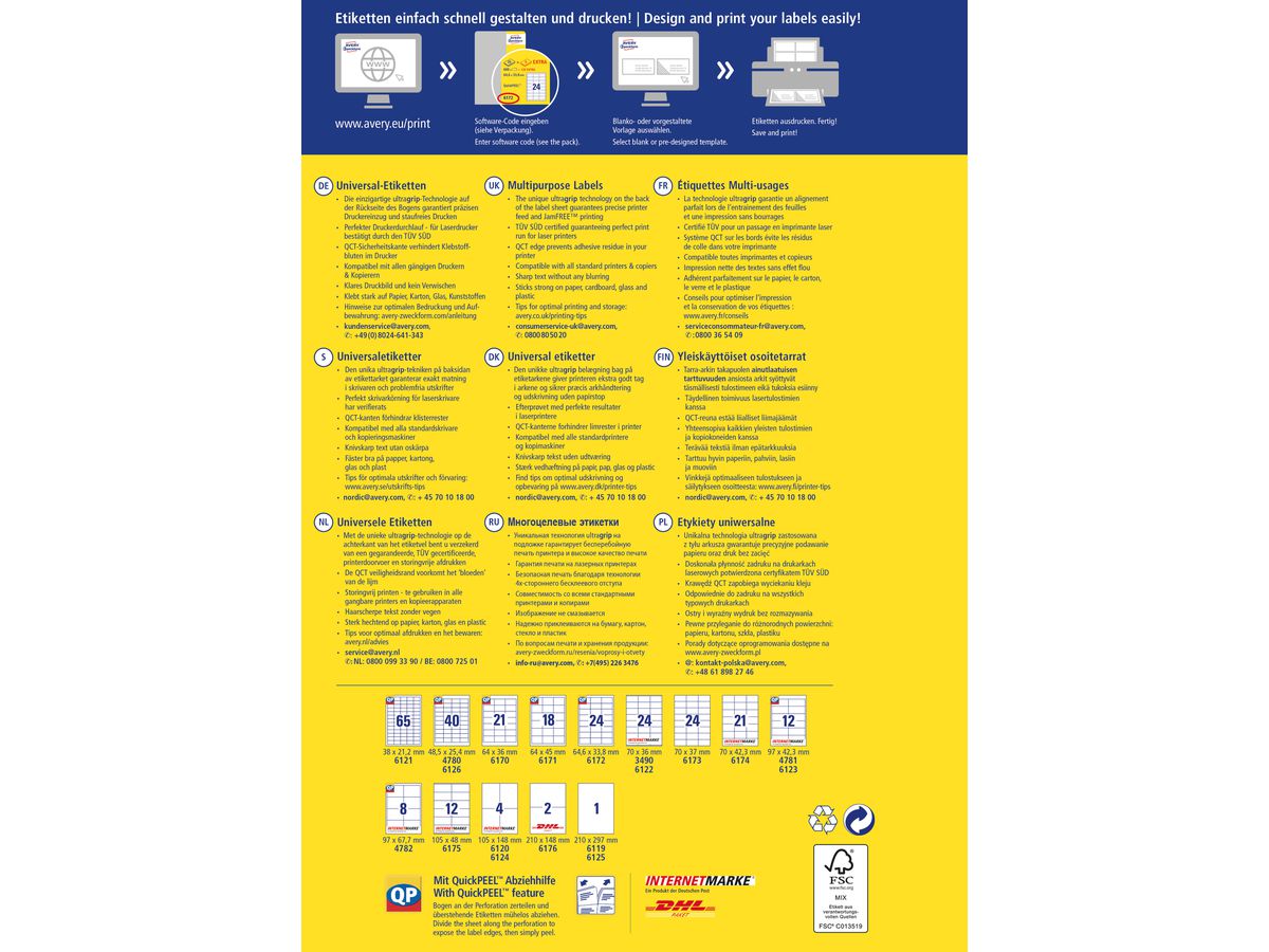 AVERY ZWECKFORM Étiquettes univers. 64x45mm 6171 blanc 540 pcs./25 + 5 flls. (4004182061718)