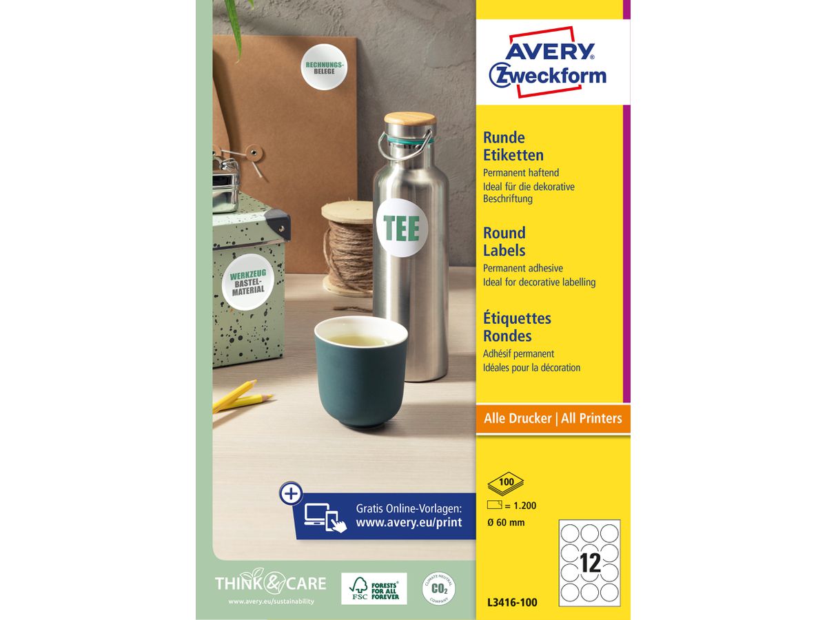 AVERY ZWECKFORM Etichette A4/60mm L3416-100 bianco 1200 pezzi (4004182034163)