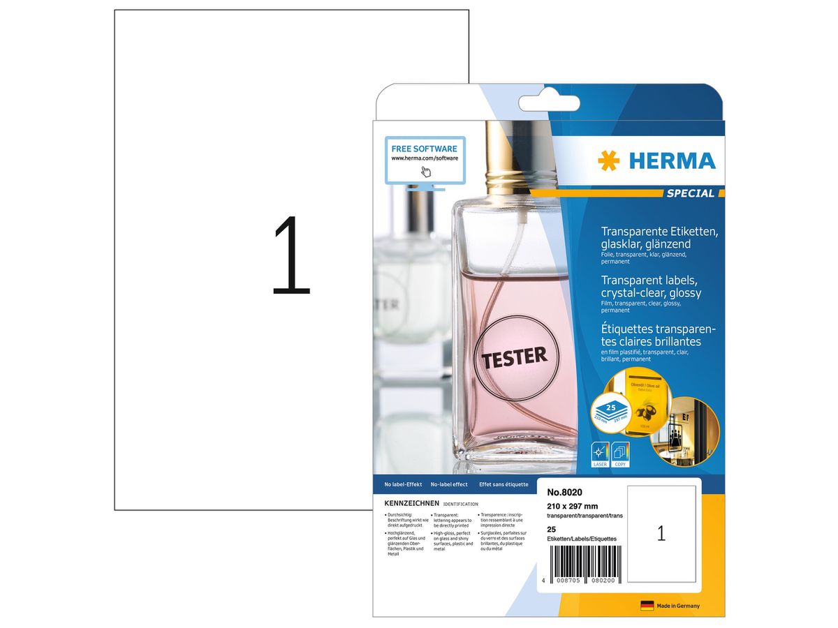 HERMA Etiketten 210x297mm 8020 transparent, 25 Blatt (4008705080200)