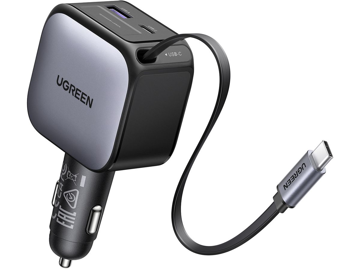UGREEN Fast Car Charger 2-Port 90W 55909B Retractable Cable (6941876271399)