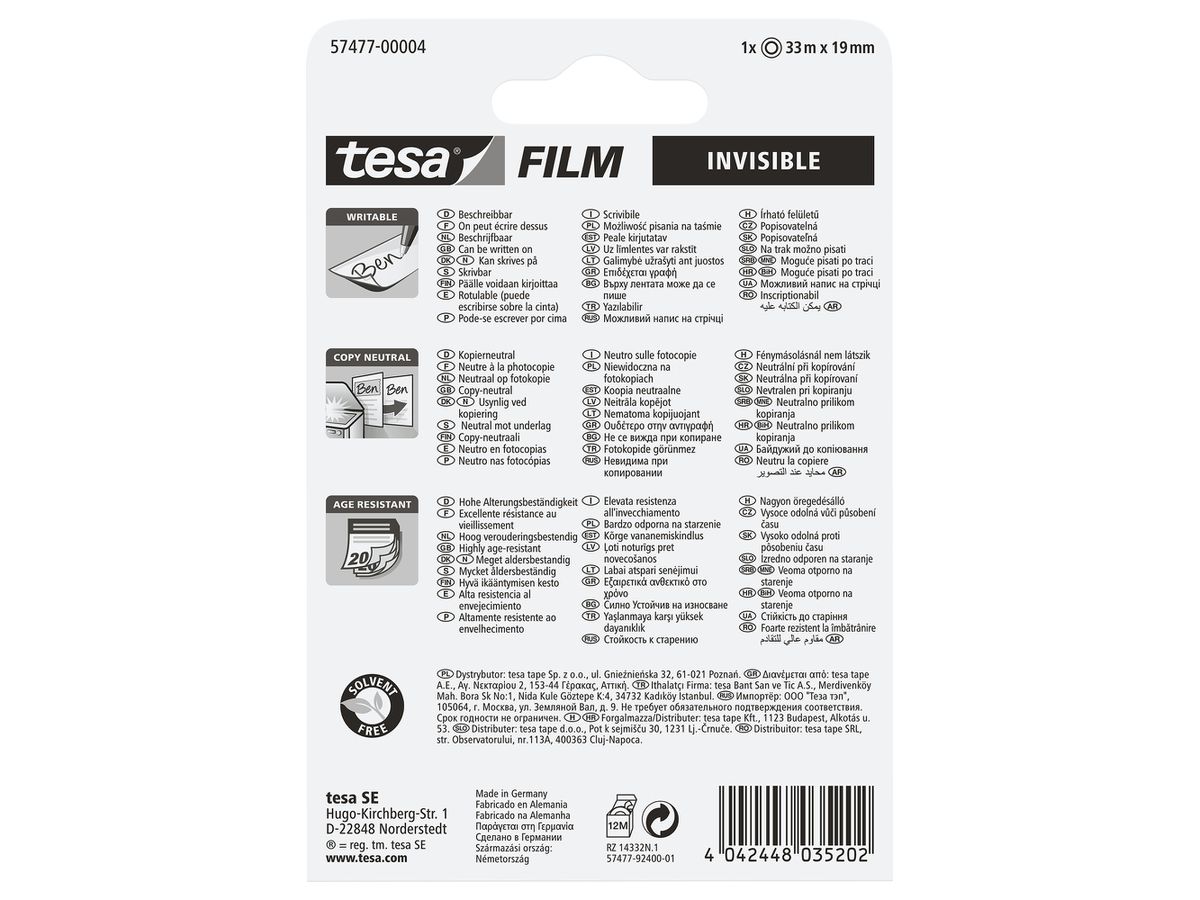 TESA Ruban invisible 19mmx33m 574770000 Blister (4042448035202)