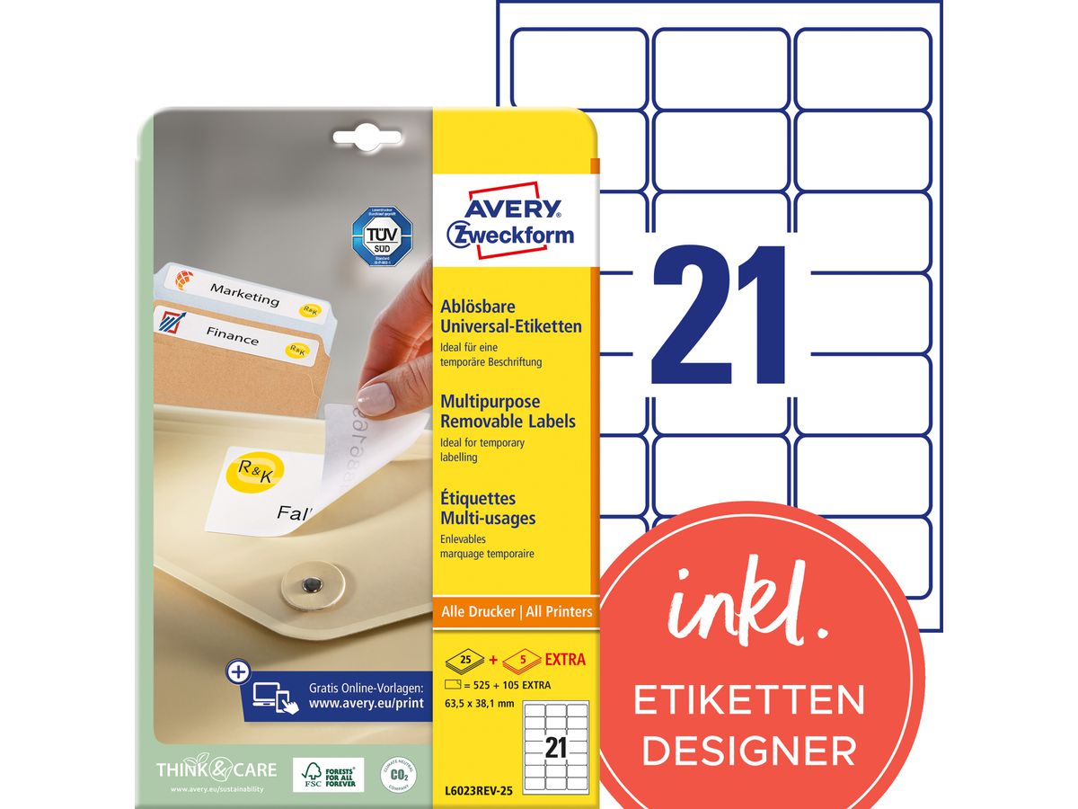 AVERY ZWECKFORM Universal-Etikett. 63,5x38,1mm L6023REV-25 weiss 630 Stk./25 + 5 Blatt (4004182060230)