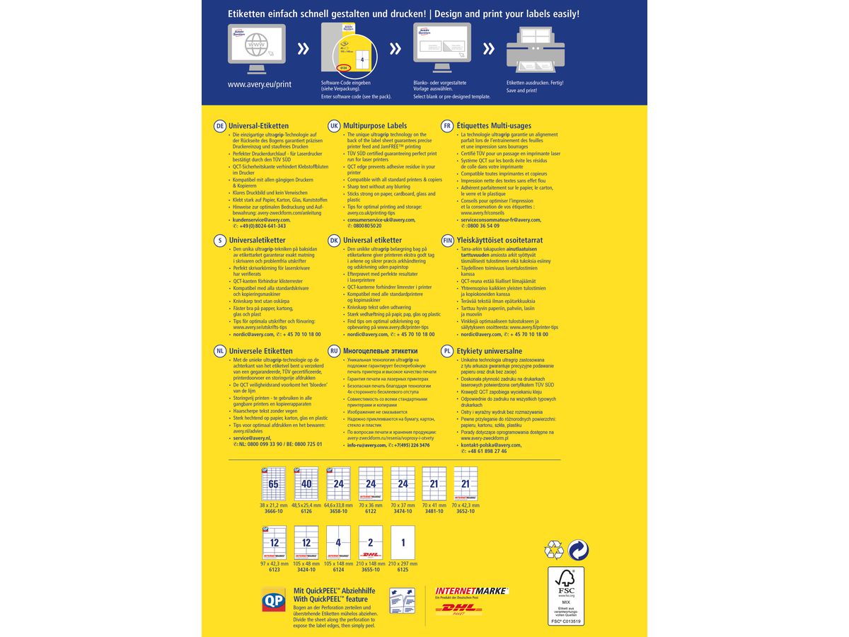 AVERY ZWECKFORM Etiquettes universel 70x37mm 3474-10 blanc 240 pcs./10 flls. (4004182617571)