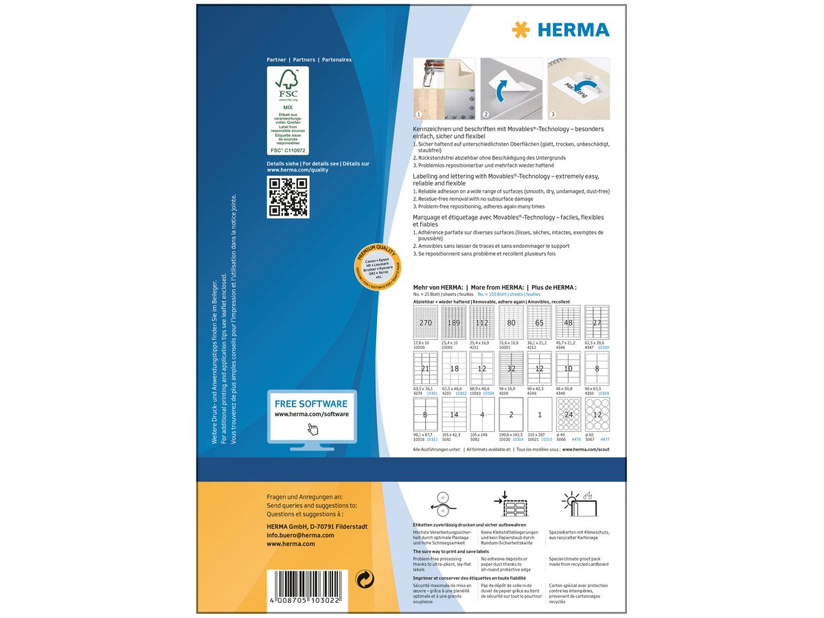 HERMA Étiquettes SPECIAL 63.5x46.6mm 10302 blanc,non-perm. 1800pcs./100f. (4008705103022)