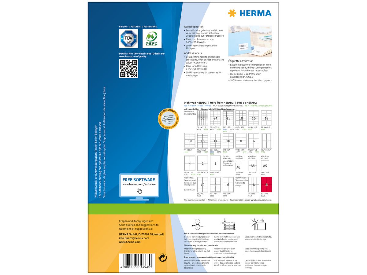 HERMA Etichette PREMIUM 99.1x57mm 4268 bianco,perm. 1000 pz./100 f. (4008705042680)