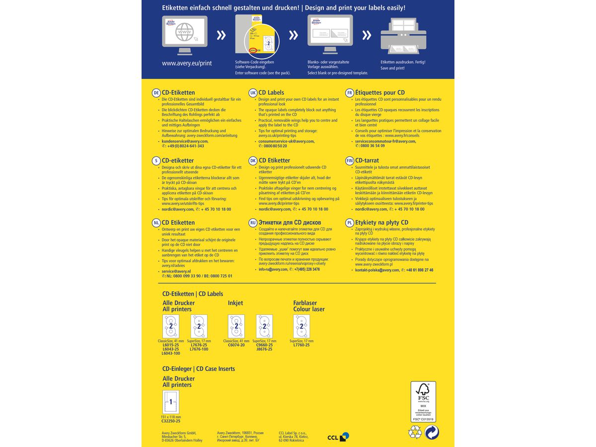AVERY ZWECKFORM CD-Etichette Classic 117mm L6043-100 ILK A4, bianco 100fogl./2pezzi (4004182036549)