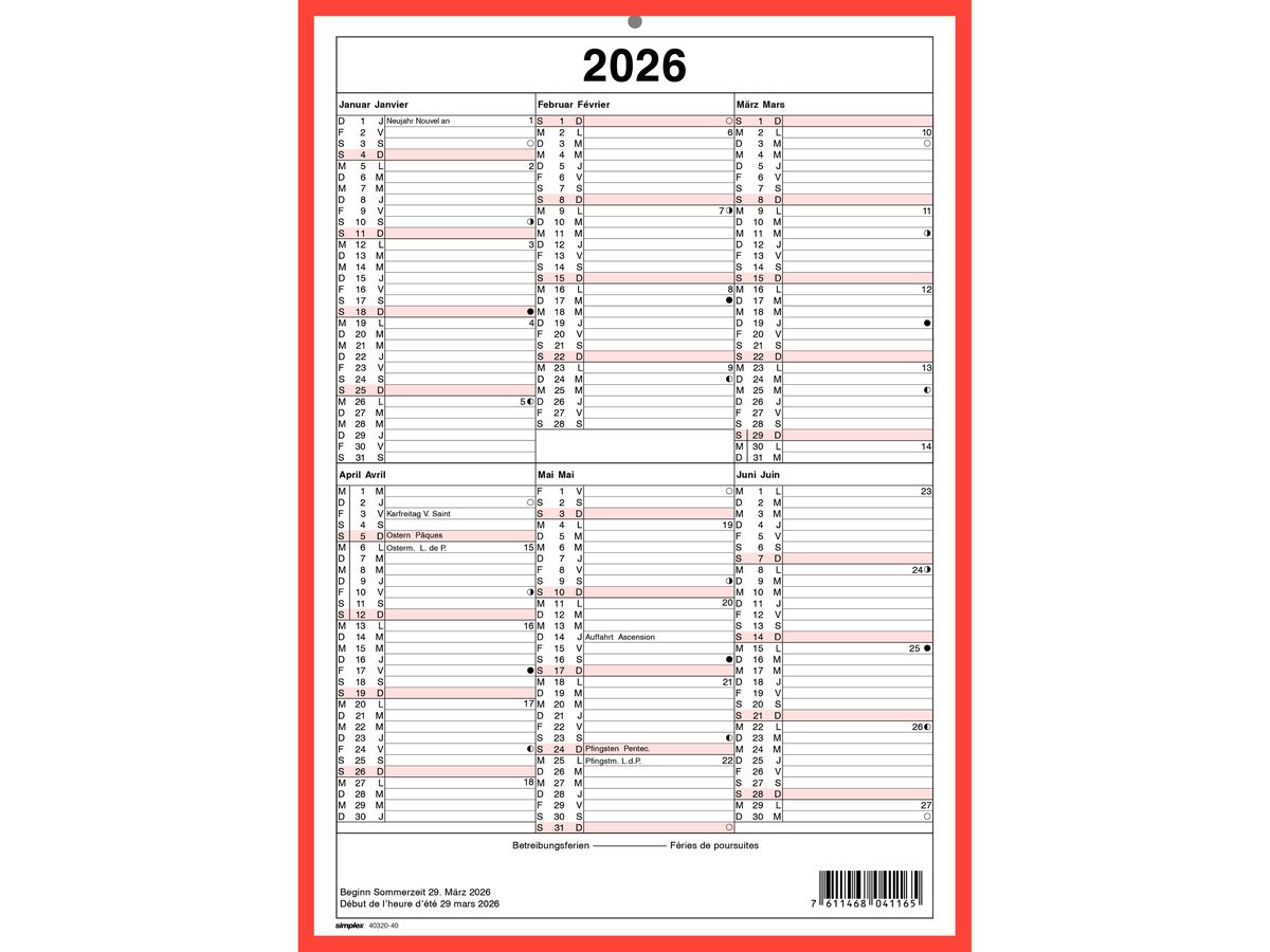 SIMPLEX Calendrier mural 2026 4032040.26 6M/1P rouge/blanc AL/FR A4 (7611468041165)