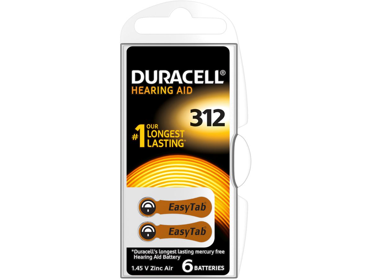 DURACELL Hörgeräte Batterie Easy Tab 4-077573 312, ZincAir D6,1.4V. 6 Stk. (0000096077573)