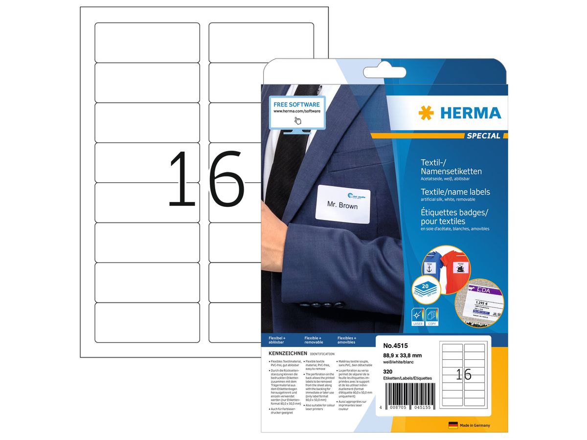 HERMA Etiquettes badges 88,9x33,8mm 4515 blanc 320 pcs./20 flls. (4008705045155)