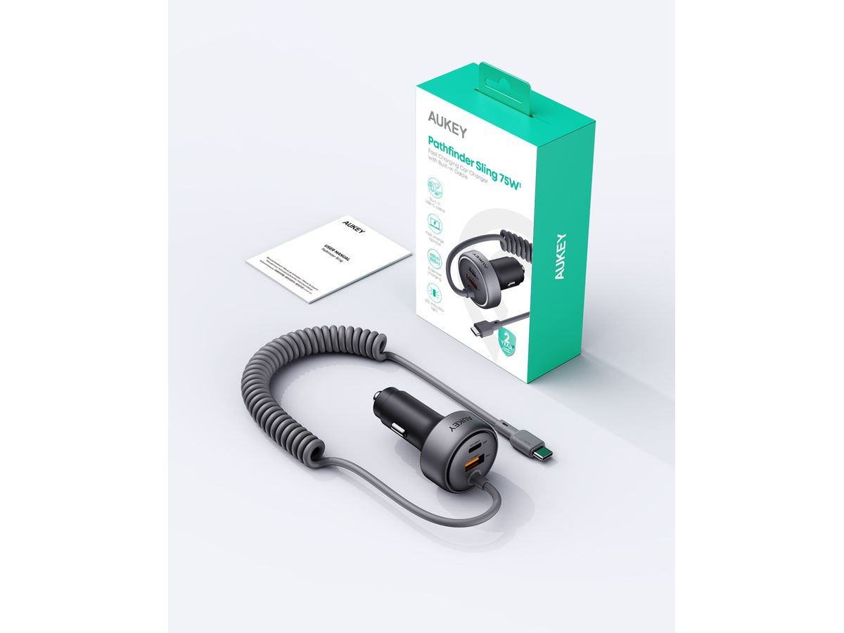 AUKEY Pathfinder Sling Car Char. CC-P2 2-Port,USB-A&C,Buit-in-Cable (0689323788149)