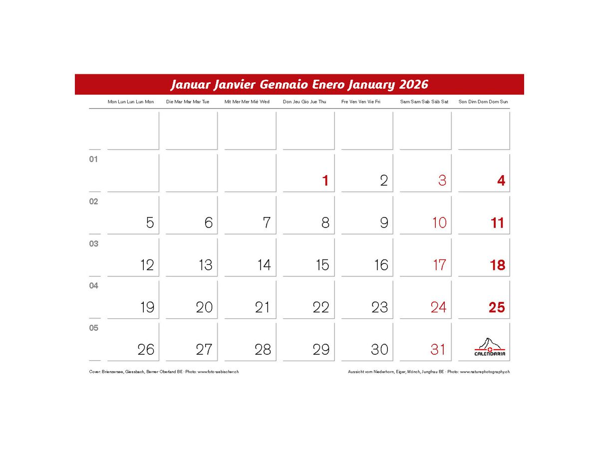 CALENDARIA Bildkalender 2026 9783036205168 Berner Oberland ML 31.5x23cm (9783036205168)