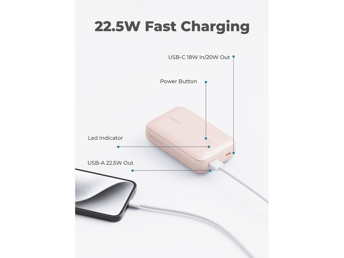 AUKEY Spark Mini 20000, 20W, PD,QC PB-Y57 PI Powerbank,Pink,USB-C,USB-A (0689323788347)