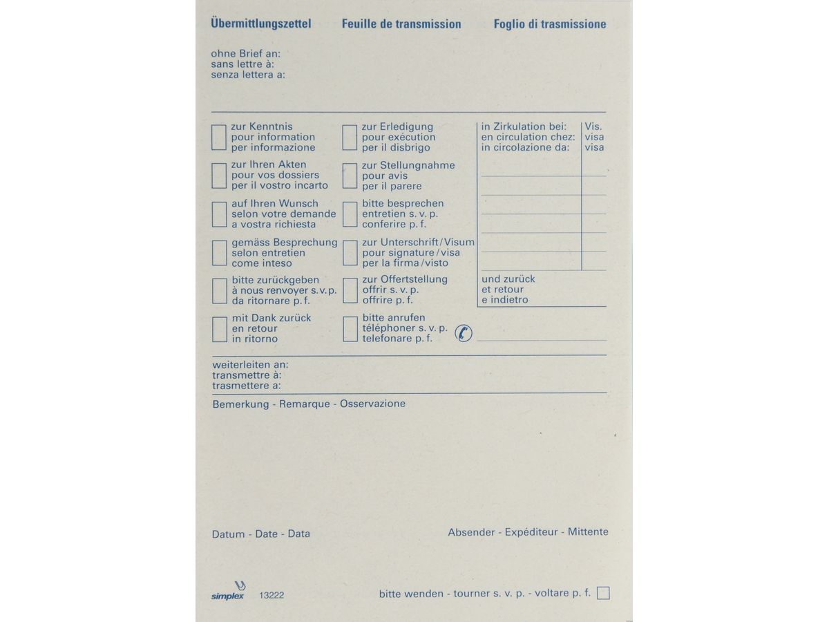 SIMPLEX Übermittlungsblock recycl. A6 13222 dreisprachig D/F/I 70 Blatt (7611468132221)
