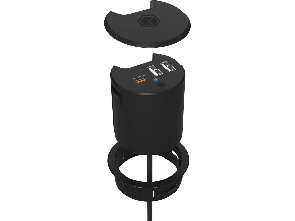 ICY BOX In-Desk USB Hub 60 mm black IB-HUB1407 2x USB-A 10W PD 3.0 & QC 3.0 (4250078173670)