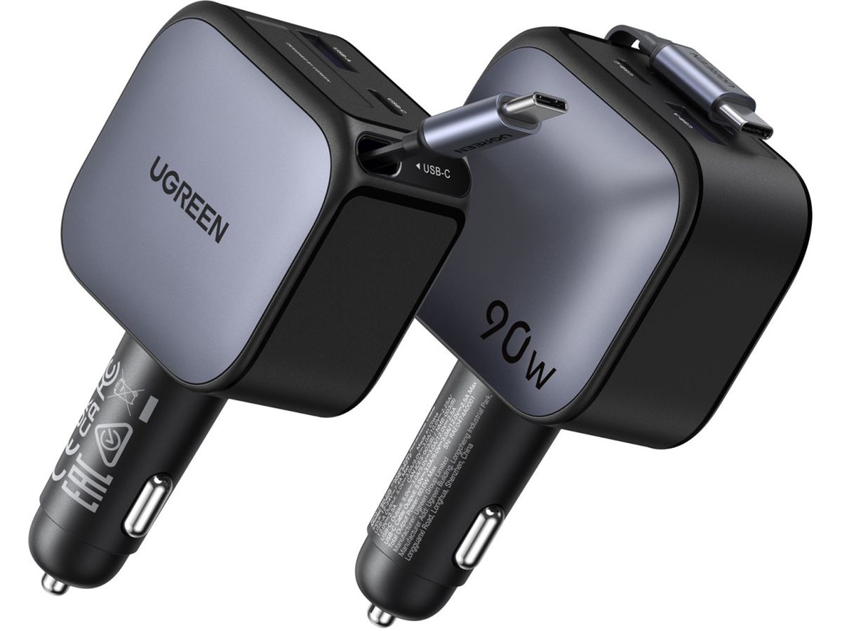 UGREEN Fast Car Charger 2-Port 90W 55909B Retractable Cable (6941876271399)